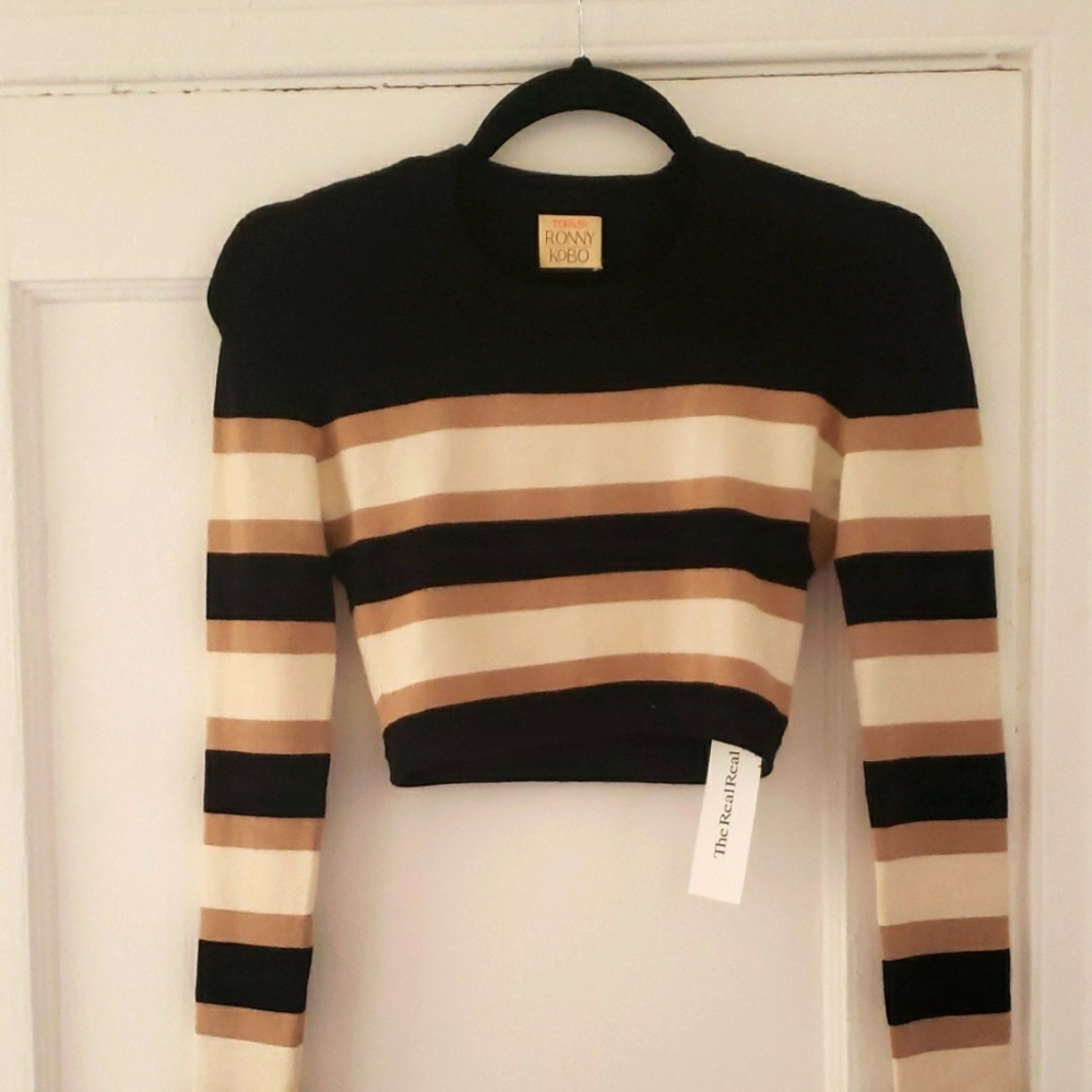 Ronny Kobo Striped Cropped Sweater - Black and Tan -